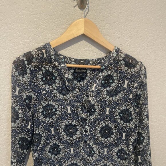 Lucky Brand Blue Floral Mix Print Sheer Long Sleeve Top Size XS Boho Peasant - Picture 4 of 10
